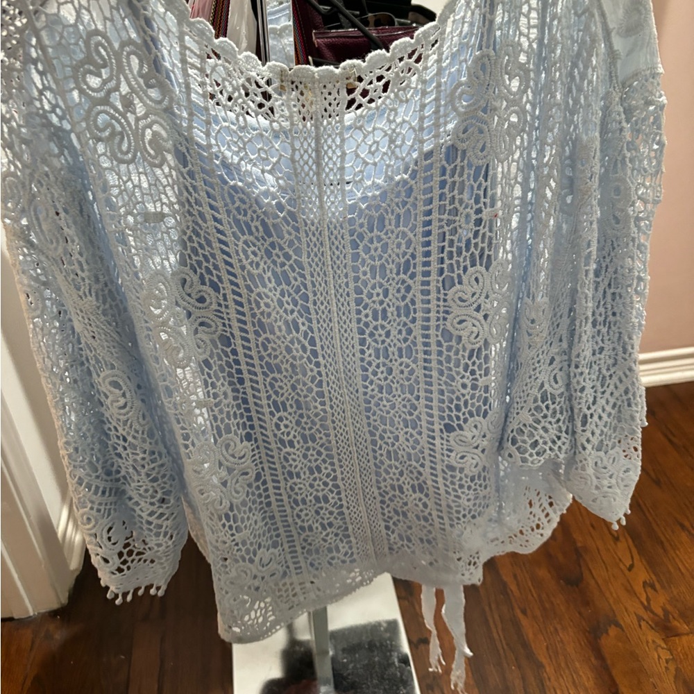 Democracy Sky Blue Crochet Lace Top
